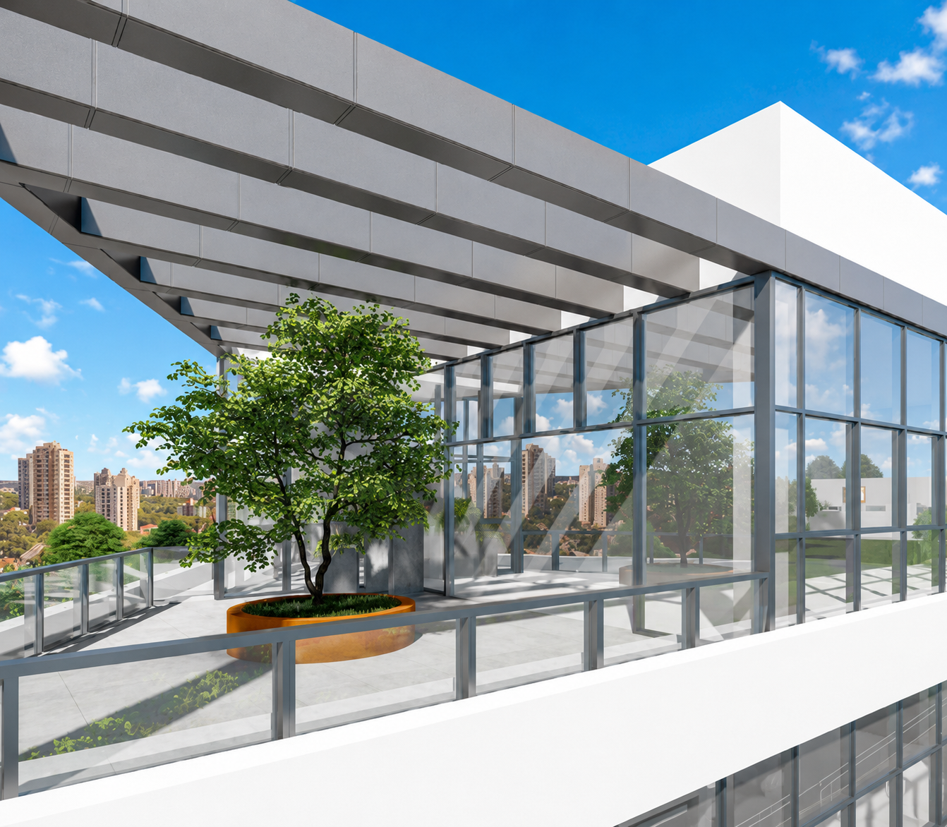 Terraço do empreendimento com guarda-corpo de vidro